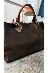 %100 Gerçek Süet Deri El Yapımı Kahverengi Taba Büyük Kadın Kol Omuz Çantası