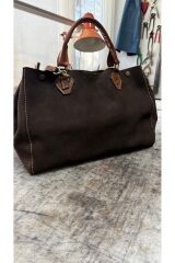 %100 Gerçek Süet Deri El Yapımı Kahverengi Taba Büyük Kadın Kol Omuz Çantası