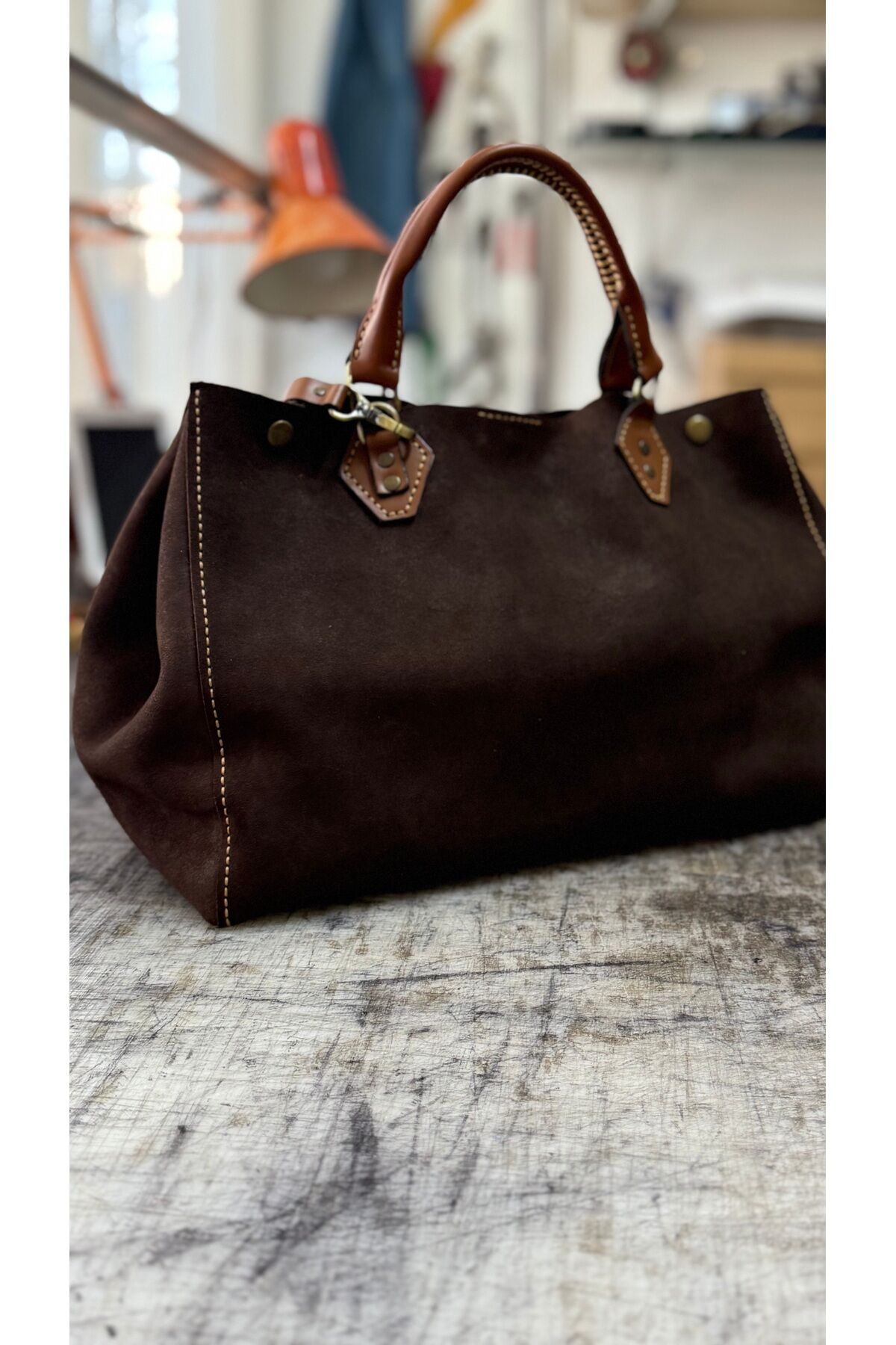 %100 Gerçek Süet Deri El Yapımı Kahverengi Taba Büyük Kadın Kol Omuz Çantası