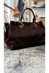 %100 Gerçek Süet Deri El Yapımı Kahverengi Taba Büyük Kadın Kol Omuz Çantası