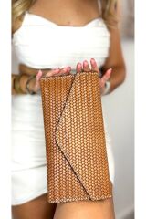 %100 gerçek deri el yapımı portföy clutch taba kadin el çantası