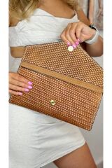 %100 gerçek deri el yapımı portföy clutch taba kadin el çantası