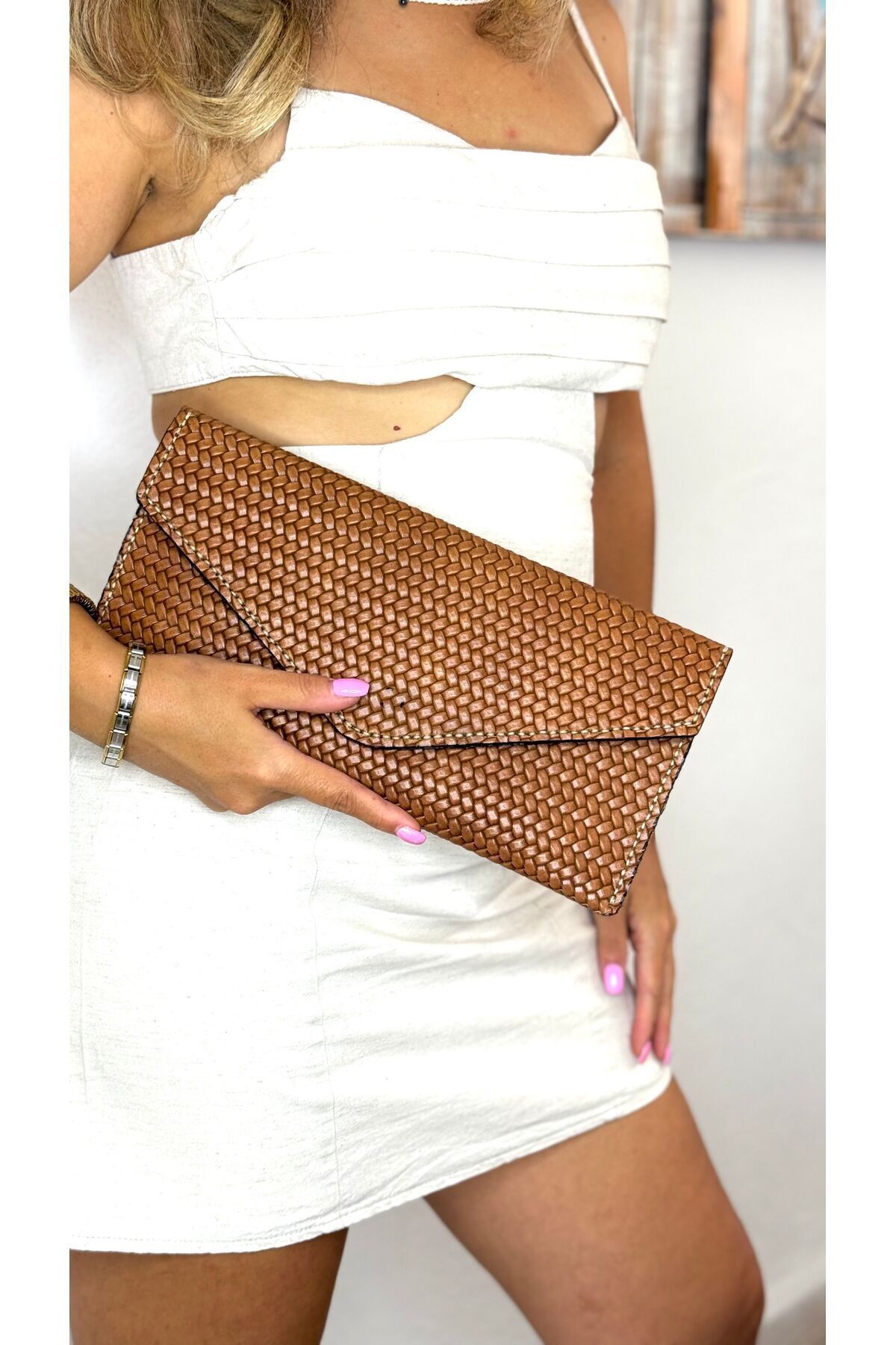 %100 gerçek deri el yapımı portföy clutch taba kadin el çantası