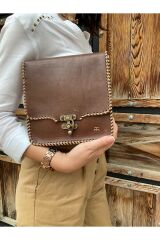 %100 Hakiki Deri El Yapımı Kadın Kahverengi Kilitli Postacı Çanta Omuz Askılı Çapraz Çanta