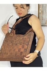 %100 Gerçek Deri El Yapımı Örgü Askılı Kadın Kızıl Kahverengi Kol Omuz Çantası