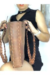 %100 Gerçek Deri El Yapımı Örgü Askılı Kadın Kızıl Kahverengi Kol Omuz Çantası