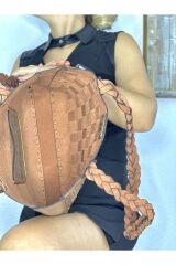 %100 Gerçek Deri El Yapımı Örgü Askılı Kadın Kızıl Kahverengi Kol Omuz Çantası