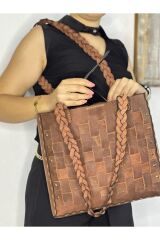 %100 Gerçek Deri El Yapımı Örgü Askılı Kadın Kızıl Kahverengi Kol Omuz Çantası
