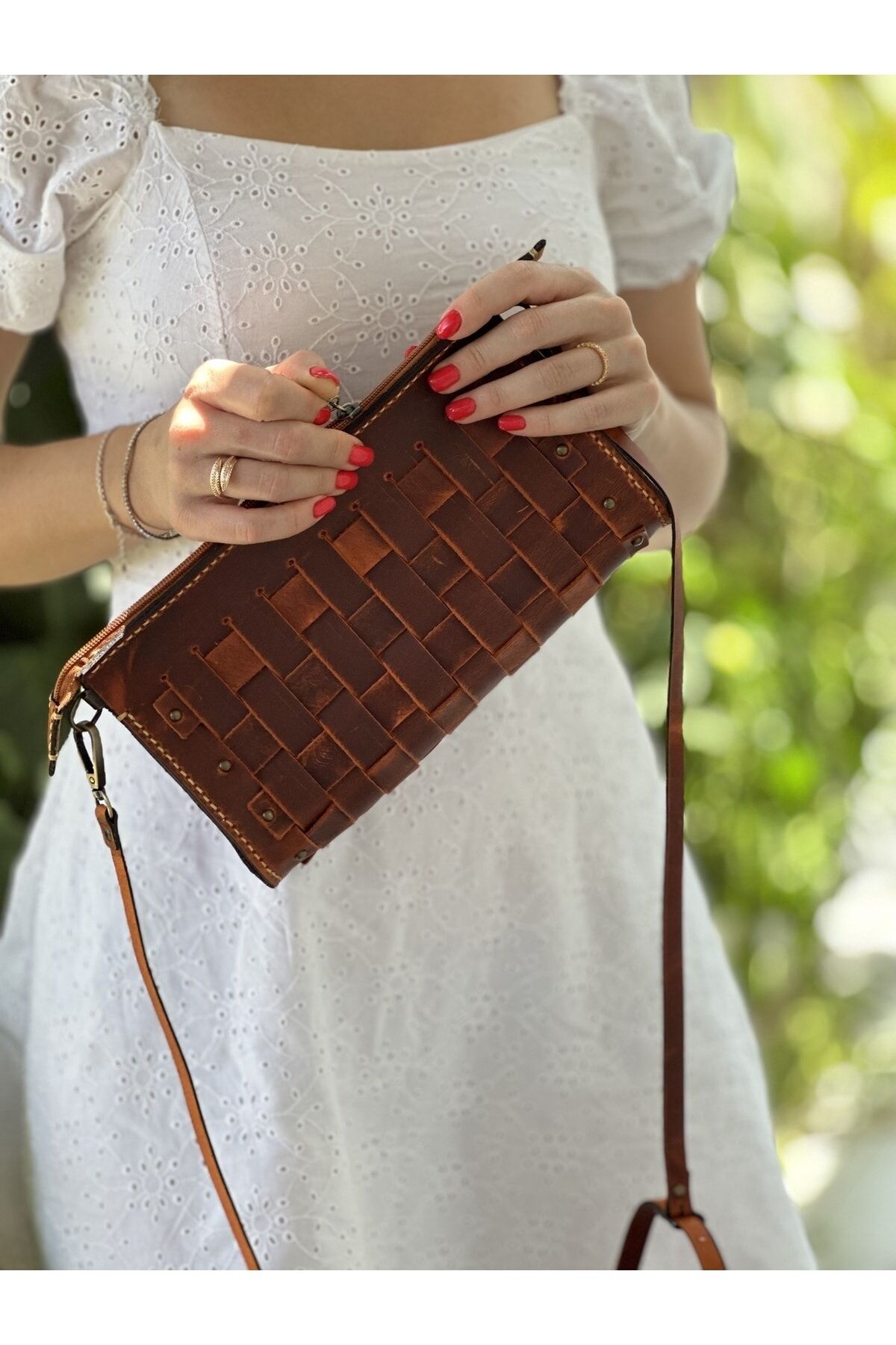 %100 Gerçek Deri-elyapımı Portföy Clutch Omuz Askılı Kadın Kızıl Çanta