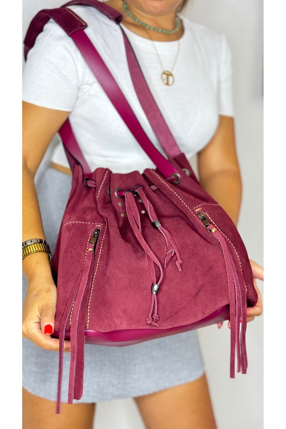 %100 Gerçek Süet Deri El Yapımı Kadın Bordo Kol Omuz Çantası
