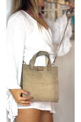 %100 Hakiki Deri El Yapımı Kadın Bej Kol Omuz Çantası Çapraz Askılı El Postacı Çantası