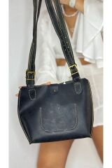 %100 gerçek deri el yapımı tek bölmeli kadın  siyah omuz çantası