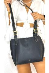 %100 gerçek deri el yapımı tek bölmeli kadın  siyah omuz çantası