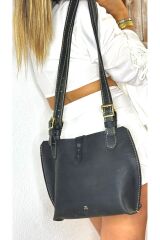 %100 gerçek deri el yapımı tek bölmeli kadın  siyah omuz çantası