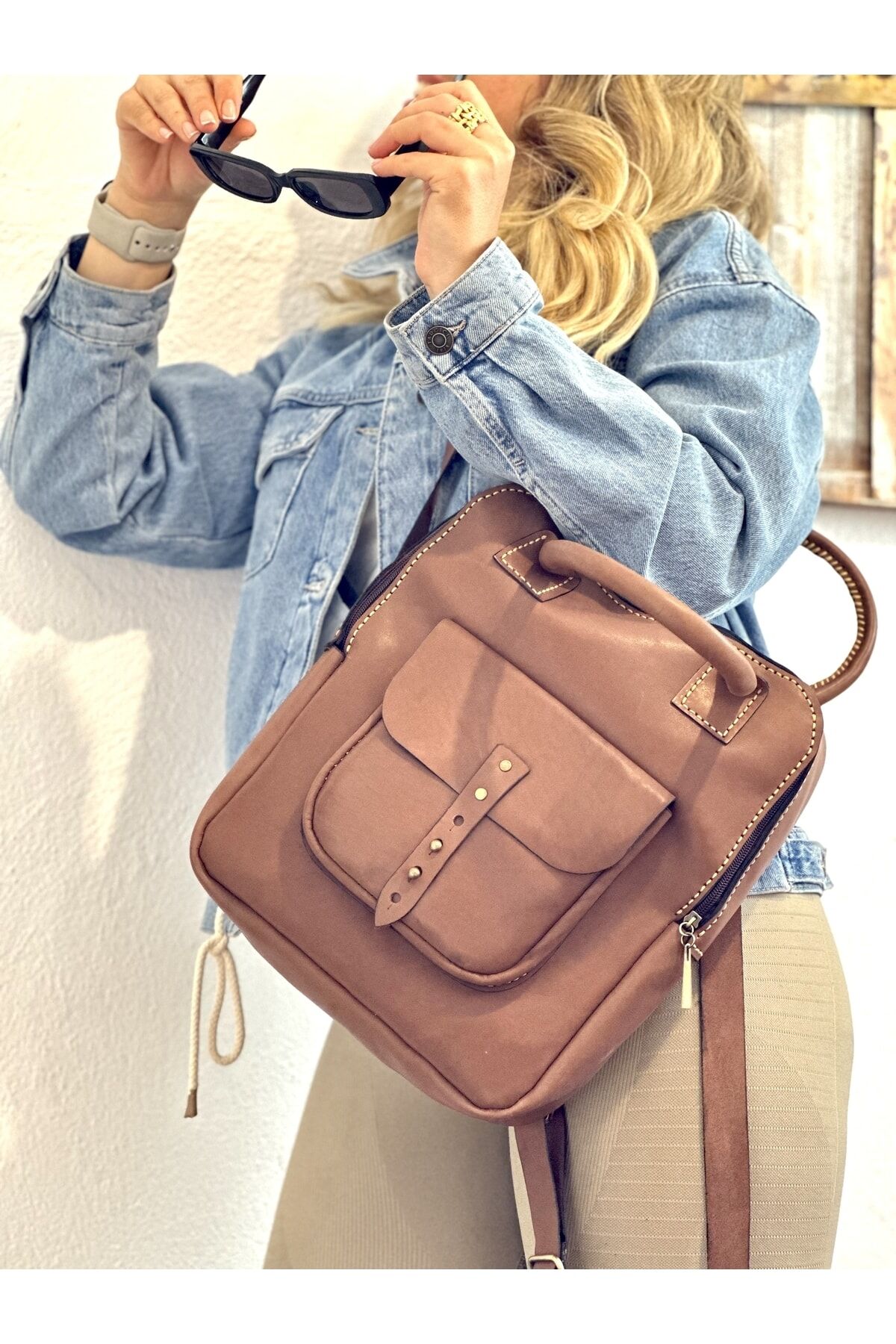 % 100 Hakiki Deri El Yapımı Sırt Çantası-el Çantası