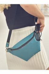 % 100 Gerçek Deri El Yapımı Kanvas Kemerli Kadın Erkek Unisex Mavi Turkuaz Bel Çantası Freebag