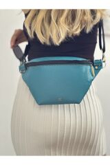 % 100 Gerçek Deri El Yapımı Kanvas Kemerli Kadın Erkek Unisex Mavi Turkuaz Bel Çantası Freebag