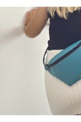 % 100 Gerçek Deri El Yapımı Kanvas Kemerli Kadın Erkek Unisex Mavi Turkuaz Bel Çantası Freebag