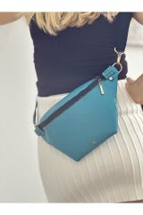 % 100 Gerçek Deri El Yapımı Kanvas Kemerli Kadın Erkek Unisex Mavi Turkuaz Bel Çantası Freebag