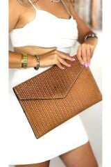 %100 Gerçek Deri El Yapımı Kendinden Desenli Portföy Clutch Kadin Taba El Çantası