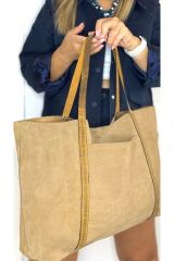 %100 Gerçek Deri El Yapımı Kadın Büyük Bej Vizon Omuz Çantası