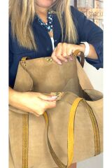 %100 Gerçek Deri El Yapımı Kadın Büyük Bej Vizon Omuz Çantası