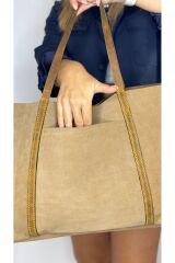 %100 Gerçek Deri El Yapımı Kadın Büyük Bej Vizon Omuz Çantası