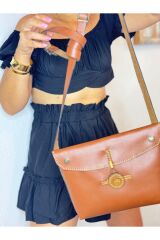 % 100 Gerçek Deri El Yapımı Düğme Kapamalı Kadın Kahverengi Kol Omuz Çantası Çapraz Ek Askı