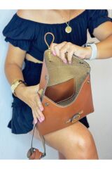 % 100 Gerçek Deri El Yapımı Düğme Kapamalı Kadın Kahverengi Kol Omuz Çantası Çapraz Ek Askı