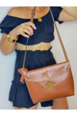 % 100 Gerçek Deri El Yapımı Düğme Kapamalı Kadın Kahverengi Kol Omuz Çantası Çapraz Ek Askı