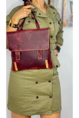 %100 Gerçek Deri El Yapımı Kadın Erkek Unisex Omuz Askılı Kırmızı Postacı Deri Kol Çantası