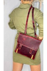 %100 Gerçek Deri El Yapımı Kadın Erkek Unisex Omuz Askılı Kırmızı Postacı Deri Kol Çantası