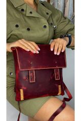 %100 Gerçek Deri El Yapımı Kadın Erkek Unisex Omuz Askılı Kırmızı Postacı Deri Kol Çantası