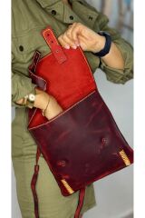 %100 Gerçek Deri El Yapımı Kadın Erkek Unisex Omuz Askılı Kırmızı Postacı Deri Kol Çantası