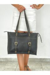 %100 Hakiki Deri El Yapımı Özel Tasarım Kadın Siyah Fermuarlı Kol Omuz Çantası