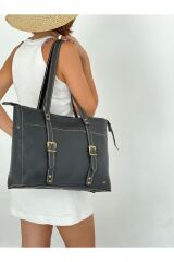 %100 Hakiki Deri El Yapımı Özel Tasarım Kadın Siyah Fermuarlı Kol Omuz Çantası