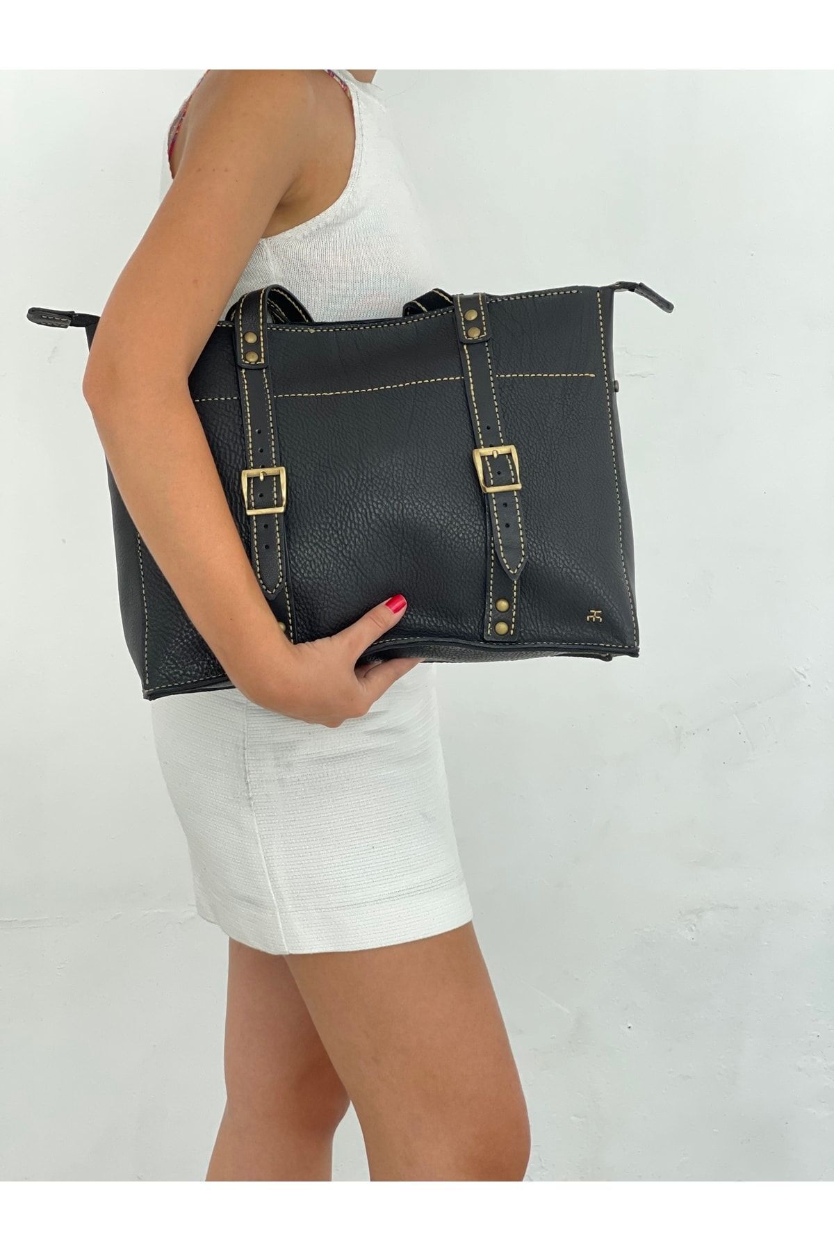 %100 Hakiki Deri El Yapımı Özel Tasarım Kadın Siyah Fermuarlı Kol Omuz Çantası