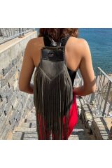 % 100 Hakiki Deri El Yapımı Püsküllü Kadın Erkek Unisex Siyah Püsküllü Avcı Sırt Çantası