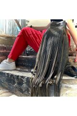 % 100 Hakiki Deri El Yapımı Püsküllü Kadın Erkek Unisex Siyah Püsküllü Avcı Sırt Çantası