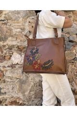 %100 Deri El Işçiliği Kol Çantası Çiçek Desenli Deri Kol Çantası El Yapımı Çanta