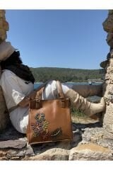 %100 Deri El Işçiliği Kol Çantası Çiçek Desenli Deri Kol Çantası El Yapımı Çanta