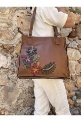 %100 Deri El Işçiliği Kol Çantası Çiçek Desenli Deri Kol Çantası El Yapımı Çanta