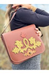 %100 Gerçek Deri El Yapımı Çiçek Işlemeli Çift Bölmeli Kahverengi Kadın Postacı Kol Çantası