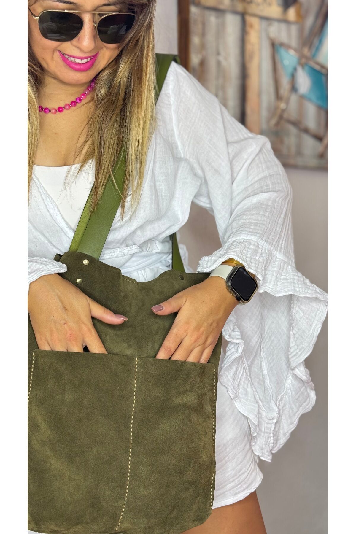 % 100 Gerçek Süet Deri El Yapımı Kadın Haki Yeşili  2 cepli Kol Omuz Çantası