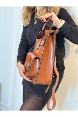 % 100 Hakiki Deri El Yapımı Taba Deri Kadın Sırt Çantası Cepli Sırt Ve El Çantası