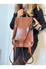 % 100 Hakiki Deri El Yapımı Taba Deri Kadın Sırt Çantası Cepli Sırt Ve El Çantası