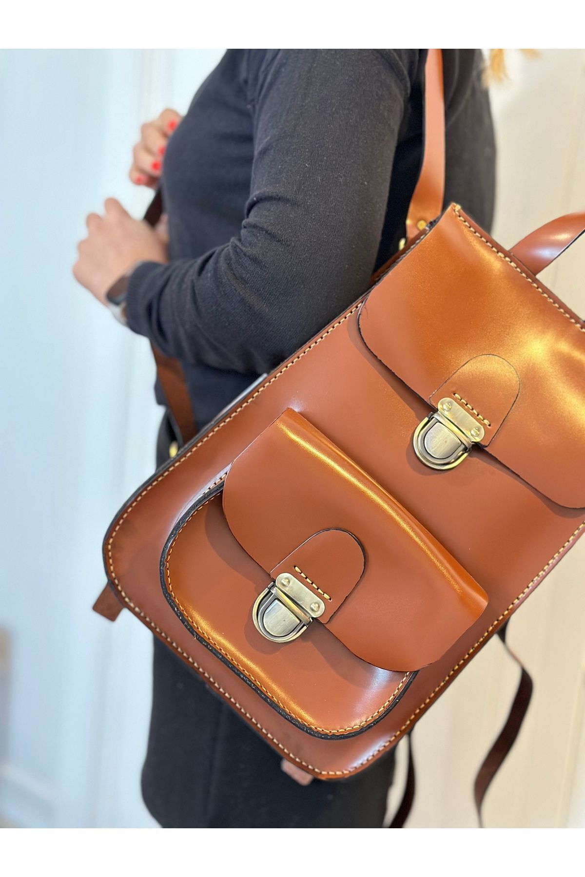 % 100 Hakiki Deri El Yapımı Taba Deri Kadın Sırt Çantası Cepli Sırt Ve El Çantası