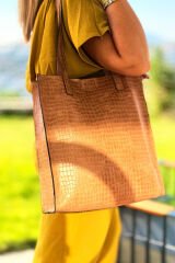 %100 Gerçek Deri Crocodile Baskılı El Yapımı Kadın Kol Omuz Çantası