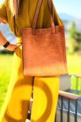 %100 Gerçek Deri Crocodile Baskılı El Yapımı Kadın Kol Omuz Çantası