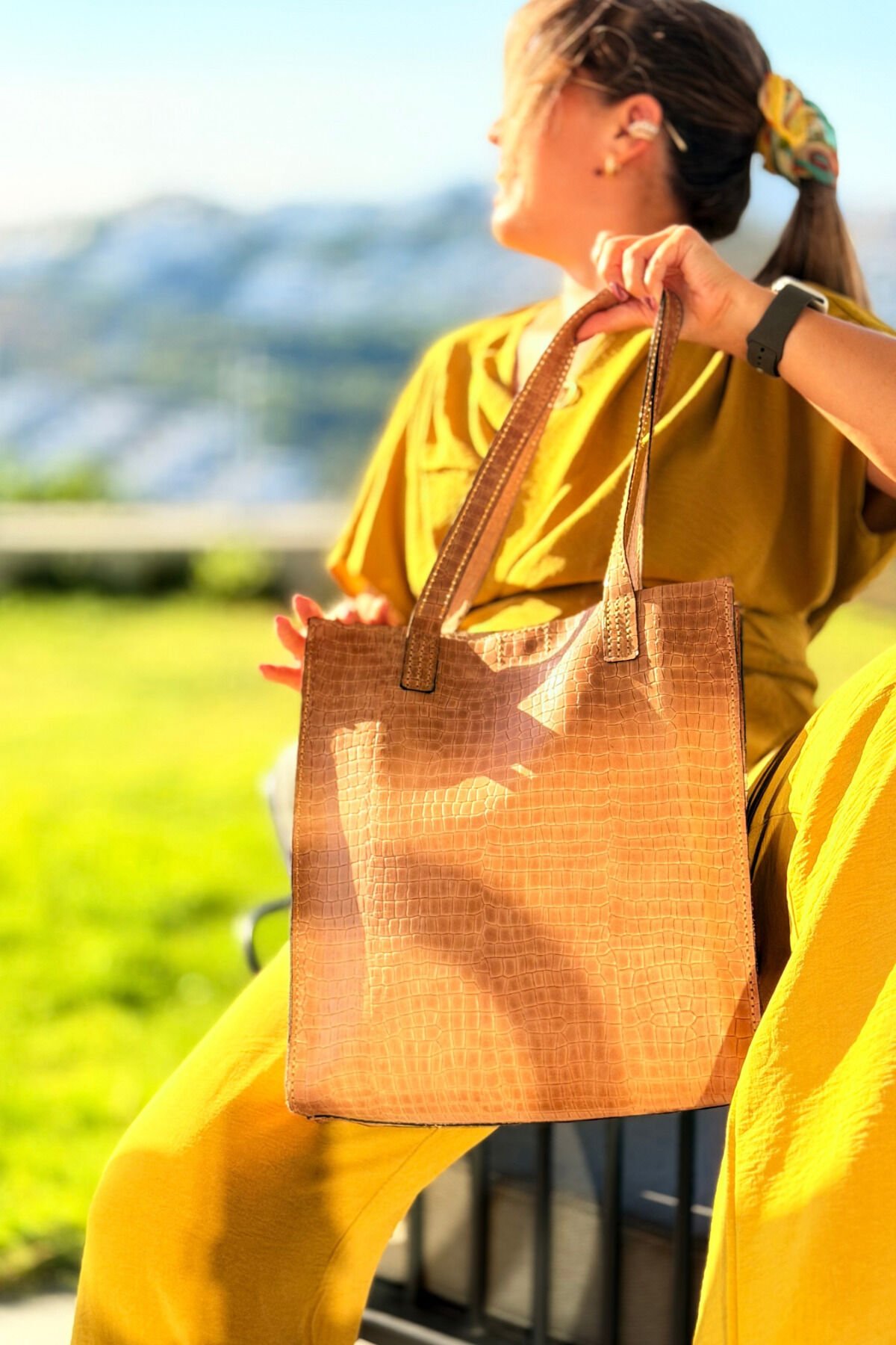 %100 Gerçek Deri Crocodile Baskılı El Yapımı Kadın Kol Omuz Çantası